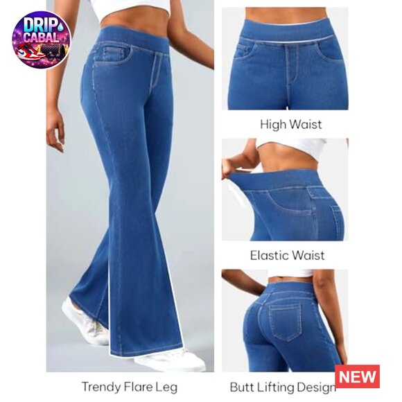 High Waisted Flare Jeans Stretchy Pull On Bell Bottom Denim Pants Trendy - Picture 5 of 7